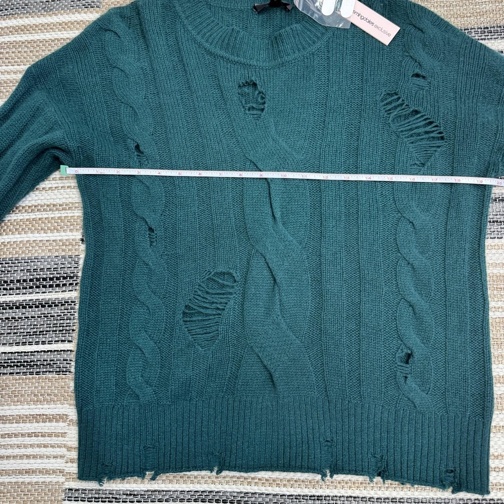 Aqua Cashmere Sweater Women's Medium Green Distressed Cable Knit Pullover Grunge - Picture 12 of 15